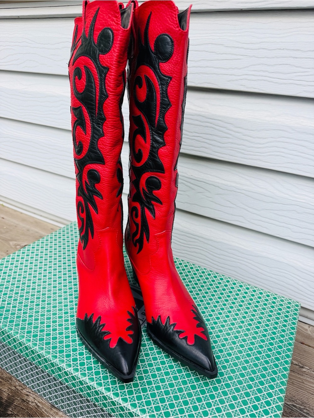 Vintage J. Renee ROGERS Red Black Leather Cowboy Boots 7.5W NIB Flame Y2K - Picture 11 of 14
